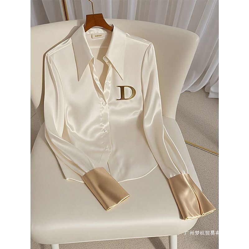 Wholesale French-Style Light Luxury White Acetate Satin Shirt for Women with a Unique Design, Niche Spring and Autumn Fashion, High-End Top Wholesale French-Style Light Luxury White Acetate Satin Shirt for Women with a Unique Design, Niche Spring and Autumn Fashion, High-End Top