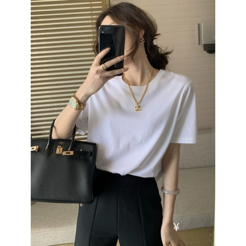 White Straight-Shoulder Short-Sleeve T-Shirt for Women, Summer Organic Cotton Seamless Tube Top, Pure Cotton Base Layer, Loose Top