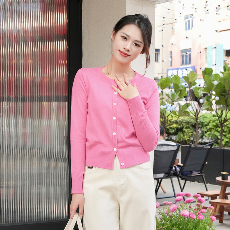 Women's Solid Color Long Sleeve Knitted Cardigan Women's 2025 Spring and Summer New Round Neck Casual All-match Travel Sun-protective Shirt Jacket