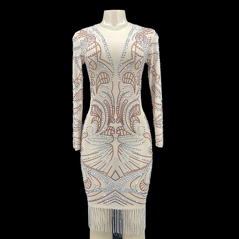 2024 Summer Clothing Rhinestone Tassel Dress Party Prom Dress Cocktail Elegant Dress Long Sleeve Stunning