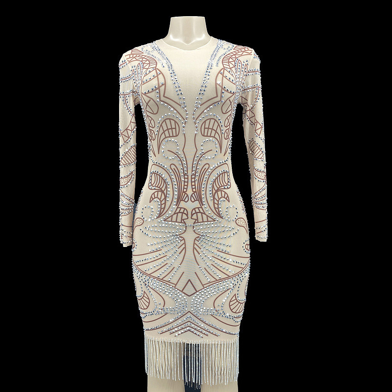 2024 Summer Clothing Rhinestone Tassel Dress Party Prom Dress Cocktail Elegant Dress Long Sleeve Stunning