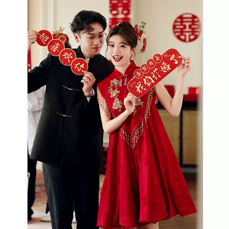 新中式挂脖旗袍酒红色敬酒服订婚礼服女新娘结婚晨袍小众轻奢气质