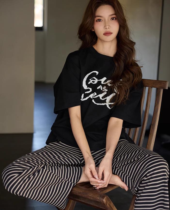 흑백 레터 스트라이프 팬츠 쇼트 및 롱