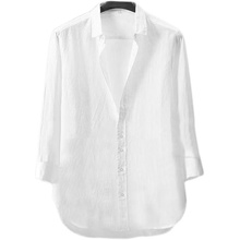 夏季新款白色防晒男女七分袖亚麻衬衫宽松薄款透气纯色棉欧巴贸易