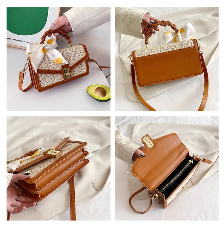 Strohtasche Für Damen Mit Seidenschal Und Drehverschluss_voghion.com