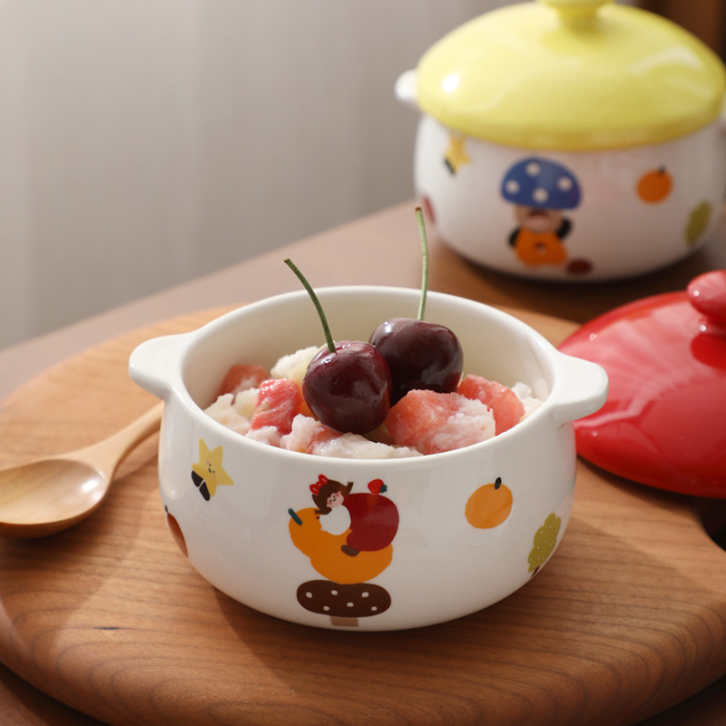 One Family Ceramic Steamed Egg Bowl with Lid Stew Bowl Soup Bowl Steamed Egg Custard Special Bowl for Household Baby Supplemented Tableware