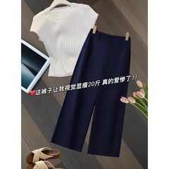 カジュアルなワイドパンツの女性の春夏の薄いモデルのゆるい梨の形の体つきはやせています。