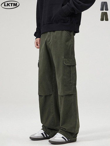 LKTM Men's #American Retro Washed Stoneground Cotton Casual Straight Leg Loose Multi-Pocket Work Pants