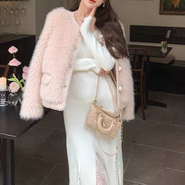 2023冬季粉色小香风外套拼接毛毛厚保暖毛茸茸环保皮草短款上衣