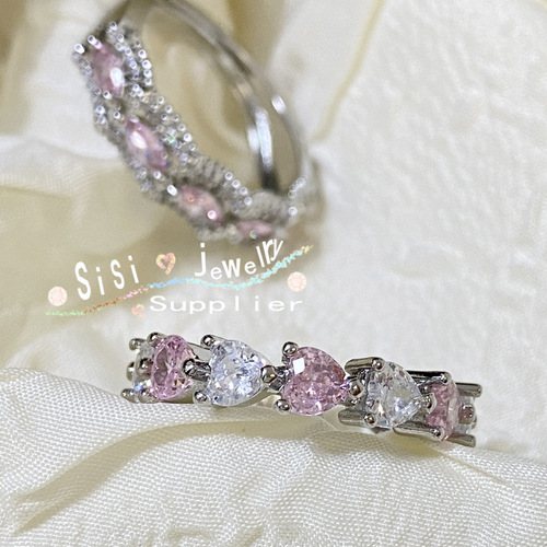 Sisi light luxury niche fashion versatile imitation moissanite diamond ring for women 18K micro-plated brilliant pink love zircon ring