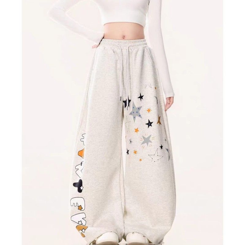 American-Style Sweet Cool Sweatpants for Women with Star Letter Print, Casual Drawstring Jogger Wide-Leg Pants, Jazz Dance Sports Pants American-Style Sweet Cool Sweatpants for Women with Star Letter Print, Casual Drawstring Jogger Wide-Leg Pants, Jazz Dance Sports Pants