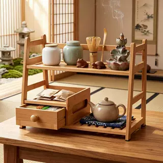 竹制抹茶收纳架带抽屉茶室茶具抹茶工具收纳架咖啡胶囊置物架
