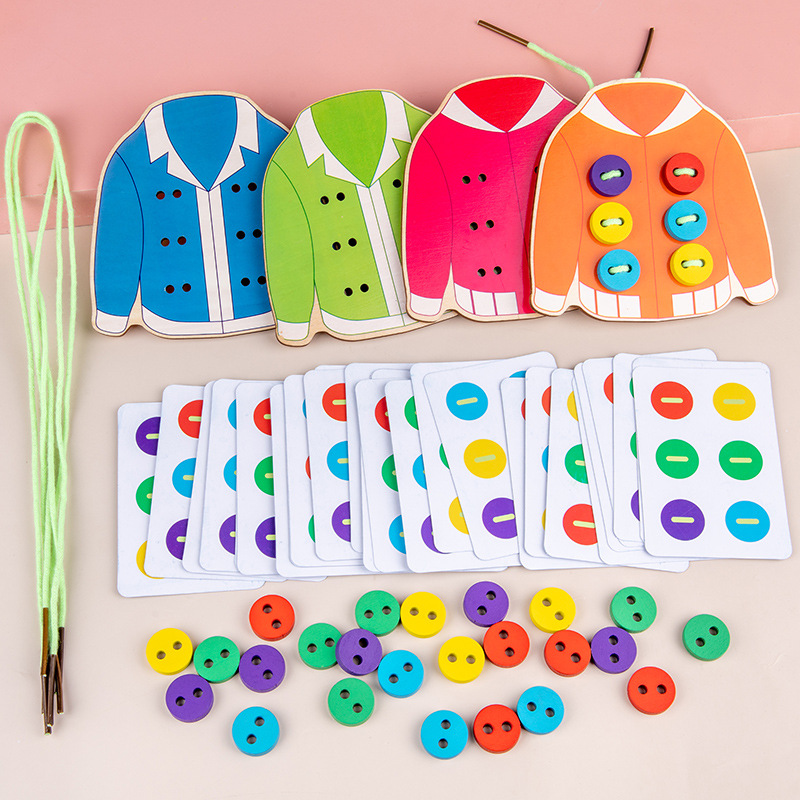 Children's Early Education Clothes Stringing Wooden Toys Fine Movement Puzzle Sewing Buttons Hand Threading Hand-eye Coordination