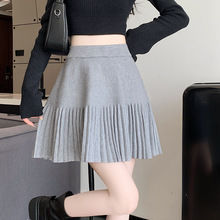 秋季小个子高腰显瘦休闲百搭a字包臀百褶半身裙浅灰色针织短裙女