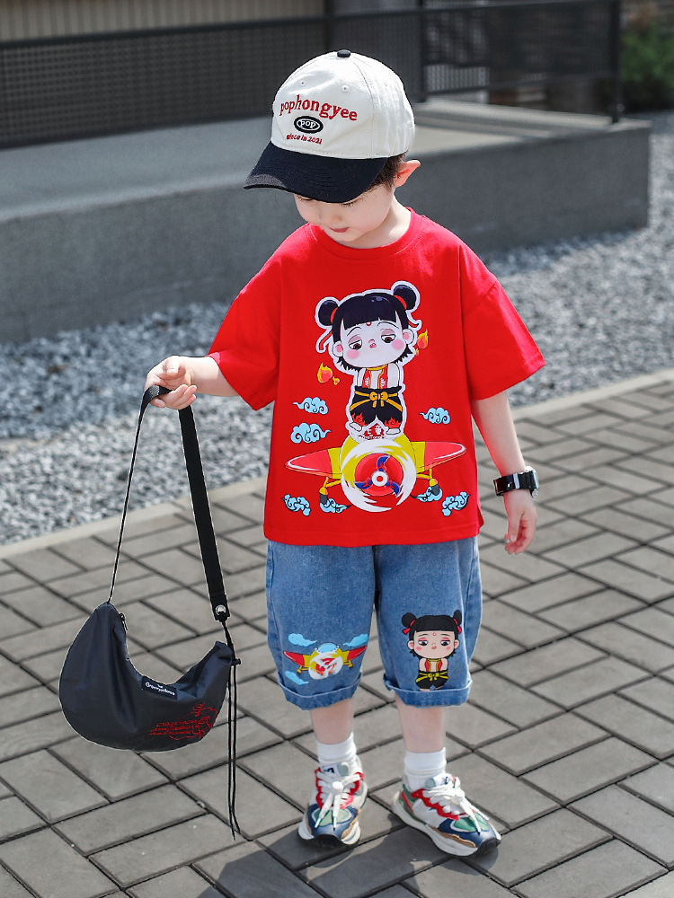 Conjunto de Verano para Niños 7855, Ropa Infantil con Dibujos Animados, Estilo Casual, Camiseta de Manga Corta y Pantalones Cortos