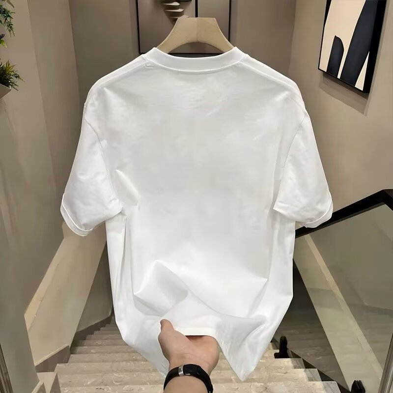 Summer Heavyweight Cotton T-Shirt for Men Short Sleeve Loose Fit Casual Crew Neck INS Style Top American Trendy Brand Creative Printed_viptrois.com