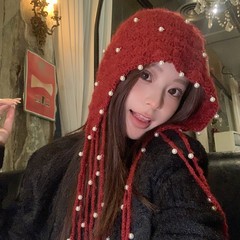 珍珠流苏吊坠红色镂空包头帽女夏季波西米亚民族风针织套头帽子潮