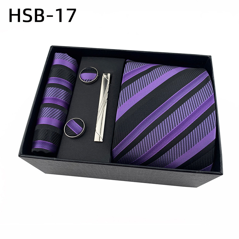 2025 nueva caja de regalo negra de negocios para hombres, corbata lisa a rayas, bufanda de bolsillo, clip de corbata, traje de regalo