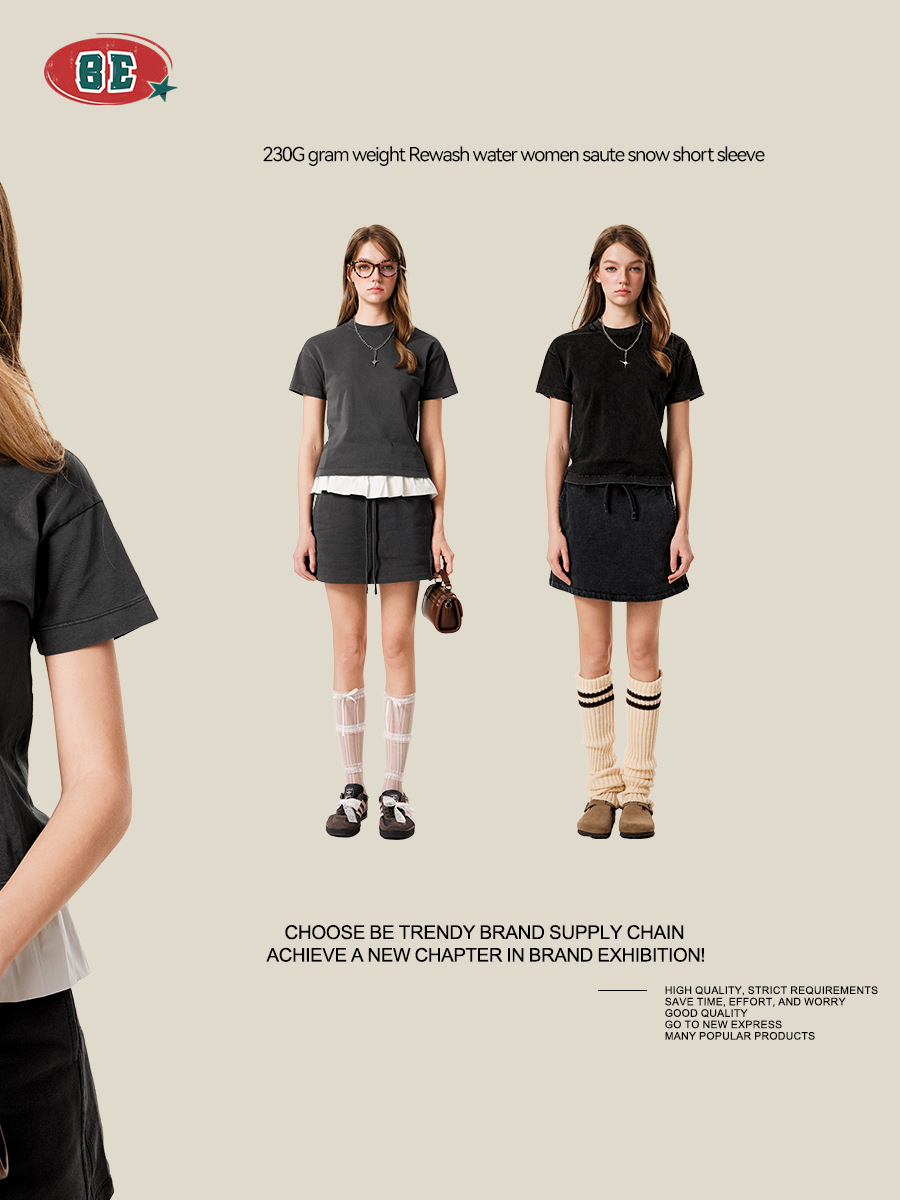BE ropa de mujer | 2025 verano comercio exterior europeo y americano Milán doble hilo básico industria pesada copo de nieve frito camiseta de color sólido de manga corta mujer image 5
