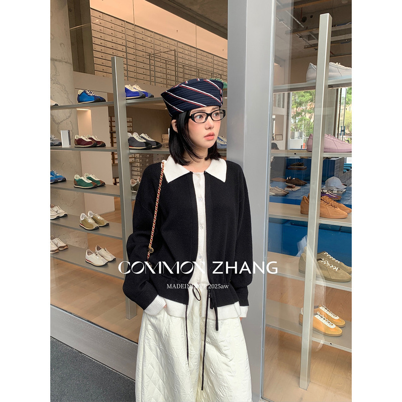 Cz Zhang Autumn and Winter Rabbit Velvet Fake Two-Piece Wool Knitted Cardigan Women's Contrasting Color Stitching Shirt Collar Sweater B45262