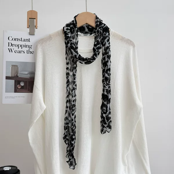 Korean-style leopard print pleated polka dot twist scarf for women, fashionable neck accessory, decorative belt, cotton-linen scarf, solid color