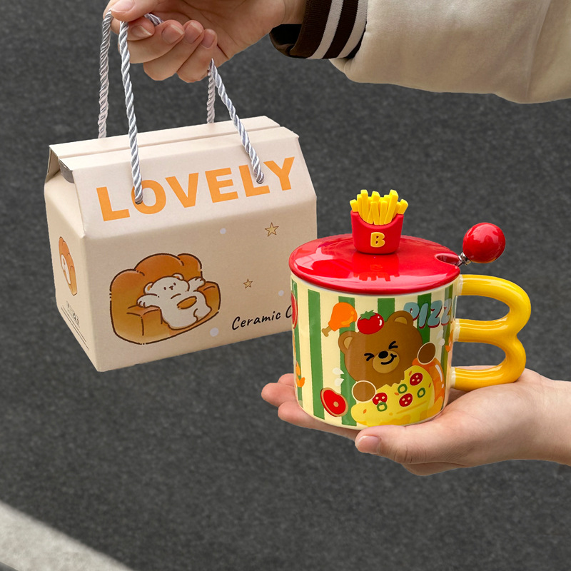 Hermosas tazas de papas fritas francesas de gran capacidad para niños y niñas tazas de cerámica con cubierta de cucharas de café de oficina tazas de leche
