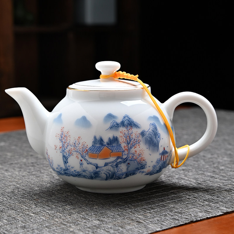Dehua White Porcelain Teapot Kung Fu Tea Set for Home, Living Room, Office, and Reception, Jade-Colored Teapot, Single Pot