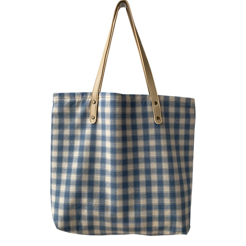 Cuadros cuadrados bolsa de lona para las mujeres estilo coreano japonés gran capacidad artística fresca estudiante clase azul claro bolsas