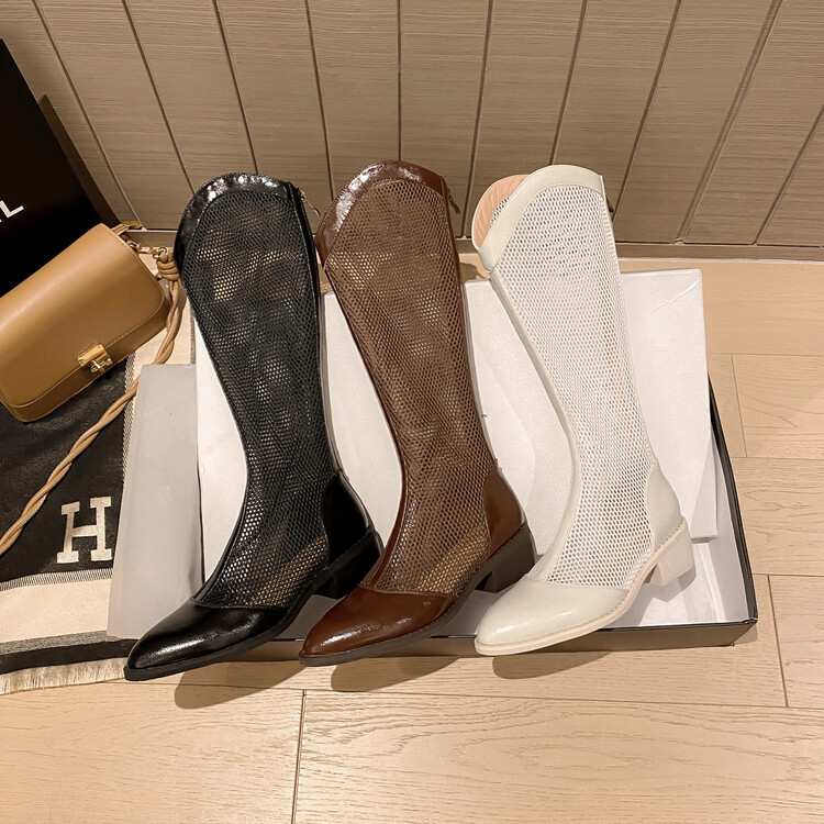 Boot nữ cổ cao da thật đế thô gót vuông ống lưới rỗng dây kéo sau — Màu nâu ống lớn, Ống nhỏ màu đen, Ống nhỏ màu nâu, Ống nhỏ màu trắng Be chi tiết 15