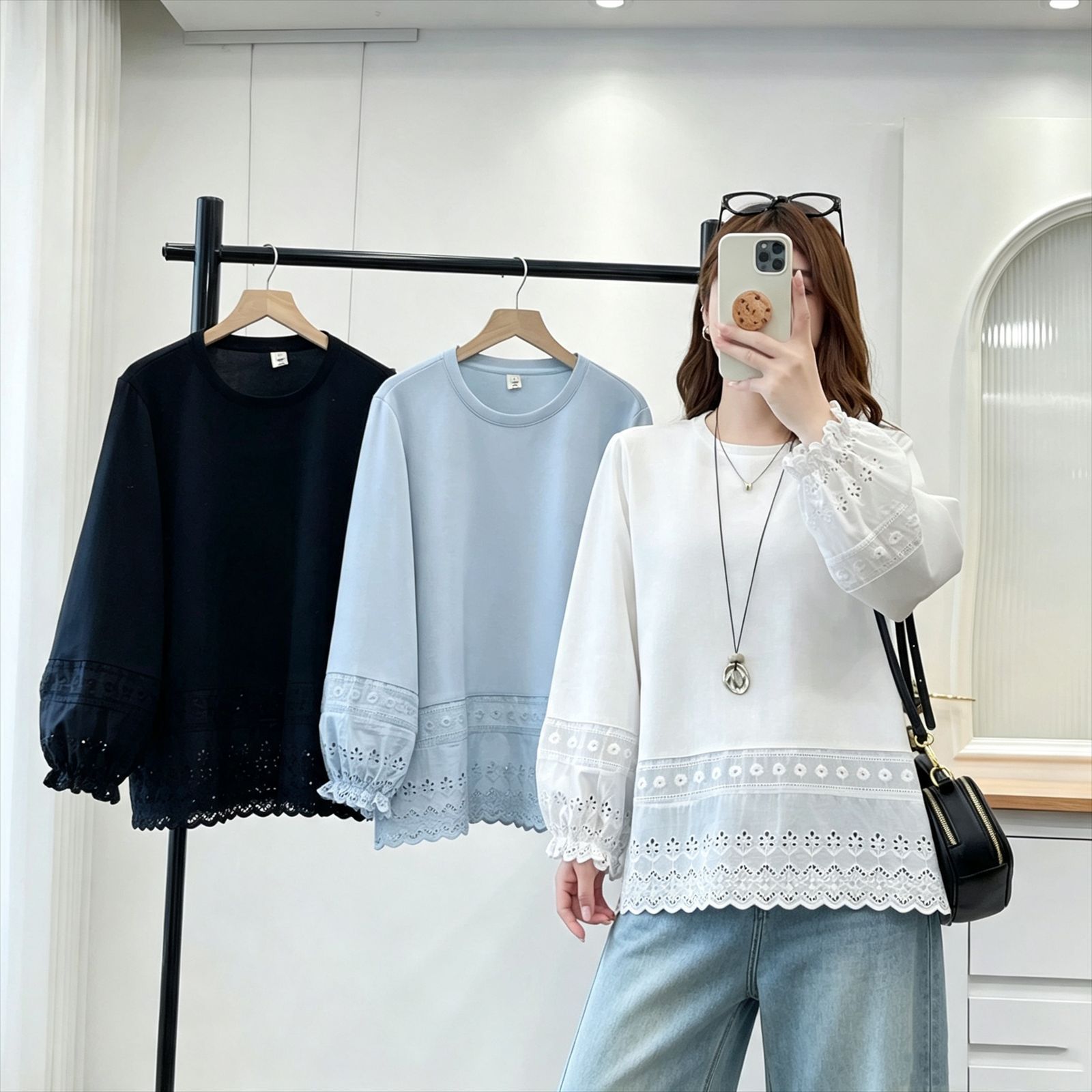 2026 Summer Plus Size Women's Sweatshirt with Embroidered Hollow Out Details, Casual Long Sleeve Top for Plus Size Girls, Simple and Versatile 2617