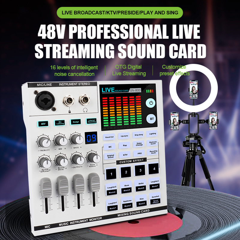 La tarjeta de sonido móvil para transmisión en vivo admite acompañamiento Bluetooth, fuente de alimentación de 48V, reducción inteligente de ruido, transmisión digital OTG para instrumentos, versión en inglés.