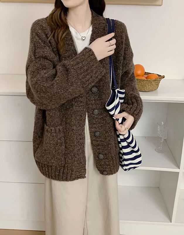 韩系慵懒风针织开衫女装秋冬新款跨境宽松休闲加厚V领毛衣外套女|undefined