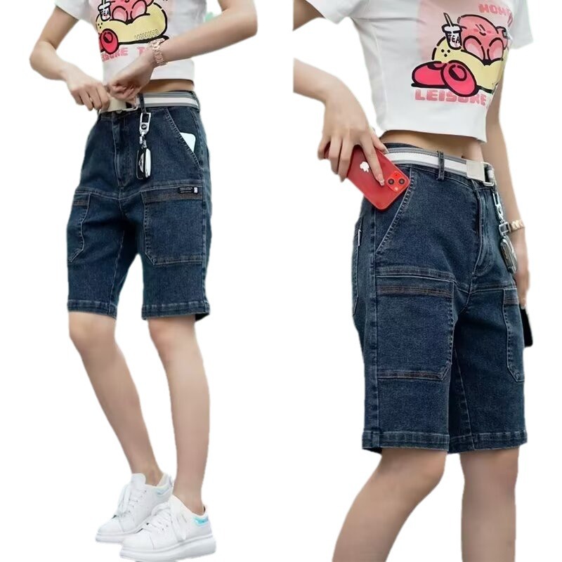 Pantalones cortos de mezclilla de la calle para hombres 2024 marea de verano retro lavado y pantalones de pierna recta desgastados pantalones de cintura elástica sueltos de cinco puntos