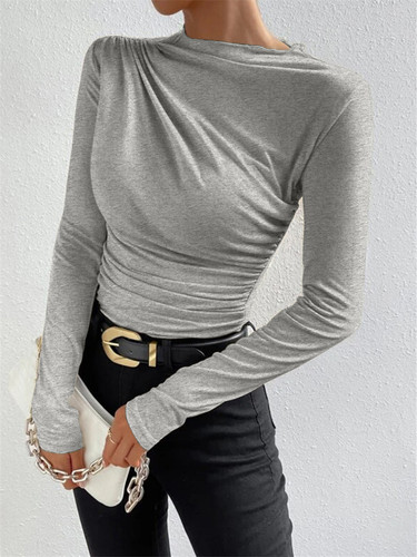 Cross-border 2024 European and American Solid-Color Slim-Fit Base Shirt—All-Match Pleated Design Long-Sleeve T-Shirt for Women