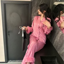 睡衣女春秋冰丝长袖大码开衫套装网红直播款高级感轻奢羽毛家居服