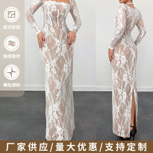 跨境女式方领蕾丝花边拼接领口长袖修身开叉长款优雅气质连衣裙