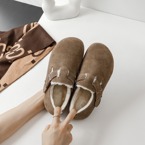Women's cotton shoes plus fur and thickened genuine leather cow anti-fleece fur shoes  autumn and winter new snow shoes plus velvet Birkenstocks