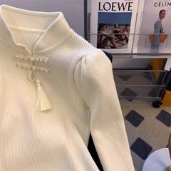 新中式国风立领打底衫女春季新款复古感钉珠盘扣针织上衣