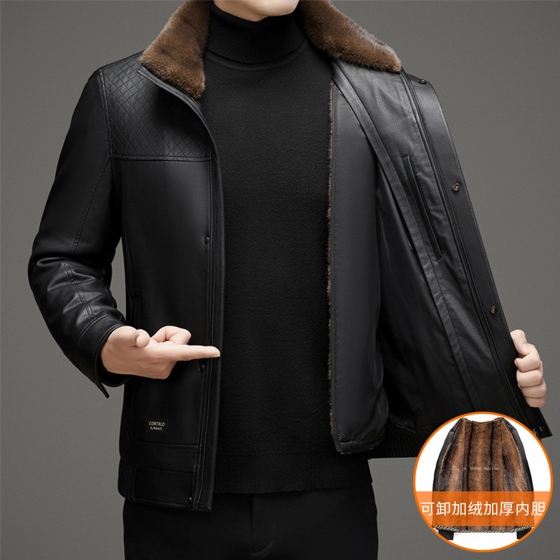 Winter Men's Leather Jacket, Business Casual, Detachable Fur Collar, Removable Mink Fur, with Sleeve Liner, Two-in-One Leather Jacket Winter Men's Leather Jacket, Business Casual, Detachable Fur Collar, Removable Mink Fur, with Sleeve Liner, Two-in-One Leather Jacket