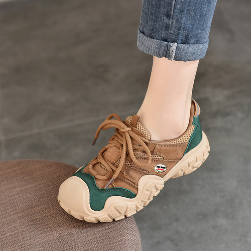 Genuine Leather Sports Mesh Shoes for Women, Low-Top Lace-Up Casual All-Match Cowhide Shoes, 2024 Spring/Summer New Arrival Thick-Soled Shoes