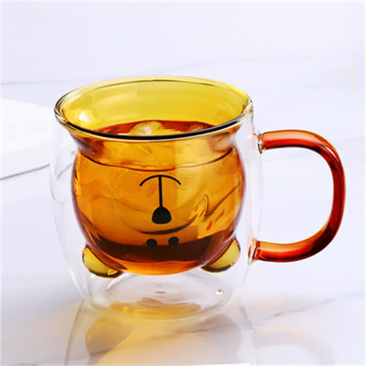 可爱小熊杯水杯创意玻璃杯动物咖啡双层玻璃隔热带把咖啡杯牛奶杯