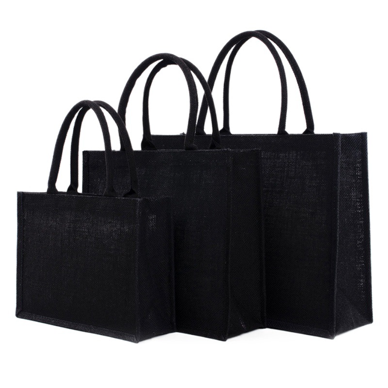 Bolsa de yute de compras de alta gama personalizada, ecológica, de lino negro, para bricolaje, al por mayor y en stock.