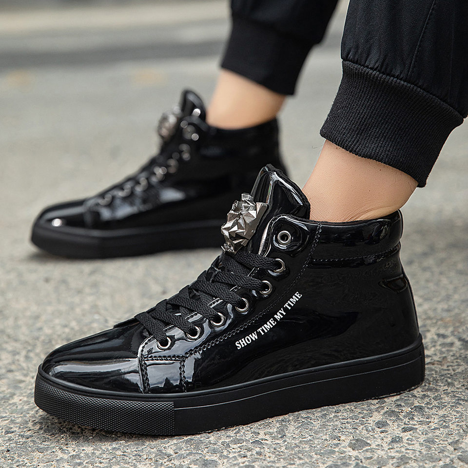 Giày sneaker nam cổ cao da bóng phong cách Hàn Quốc, giày thể thao thời trang cá tính — Bạc, màu xanh, màu đen, màu đỏ chi tiết 9