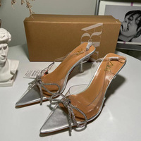 New Silver Pointed High Heel Bow Water Diamond Shining Decoration Splicing PVC Crystal Heel Shallow Mouth Fine Heel Sandals for Women