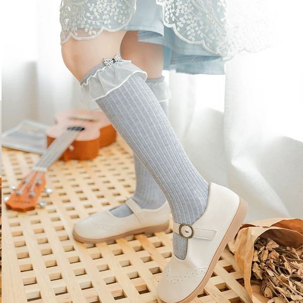 Light gray large lace small bow mid-calf socks
