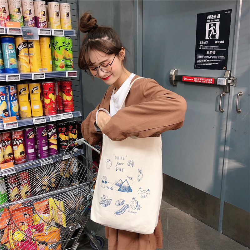 99304 ins single-shoulder hand-carry canvas bag, cute cartoon illustration tote bag for girls, student trend undefined