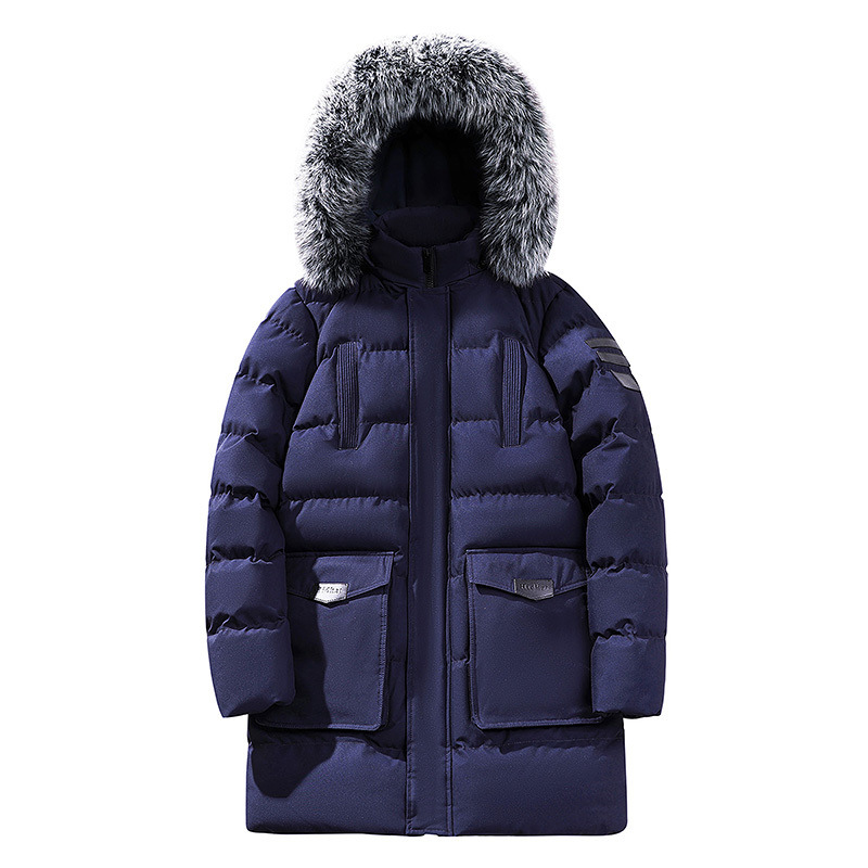 Große, mit Baumwolle gefütterte Jacke für Herren mit abnehmbarer Kapuze und großem Pelzkragen._voghion.com