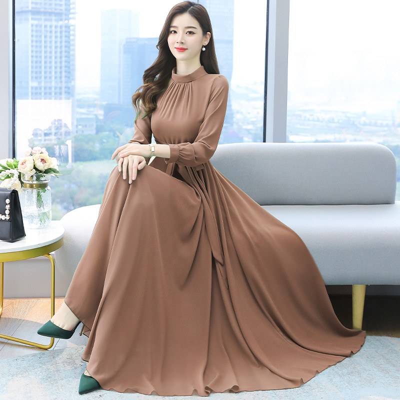 2026 Spring New Style Elegant Waist-Cinching Slim-Fit Over-The-Knee Solid Color Chiffon Long-Sleeve Long Dress Beach Dress