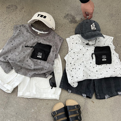 兒童特種工藝壓塑立體五星無袖T恤男童美式蠟染包包工裝圓點背心