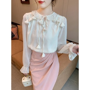 Shipped French Chic Ear-edged Chiffon Shirt Women's 2024 Autumn Court Style Elegant Lace-up Long-sleeved Shirt
